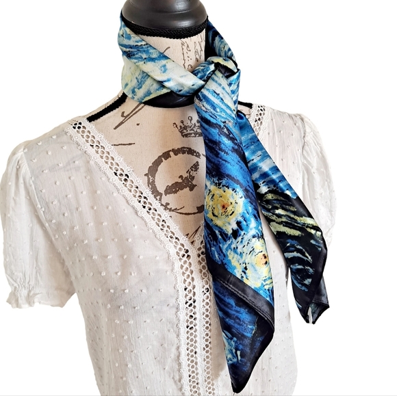 💖 2/$30 Square Satin abstract art oil painting blue Hair neck or purse Scarf - Picture 10 of 14